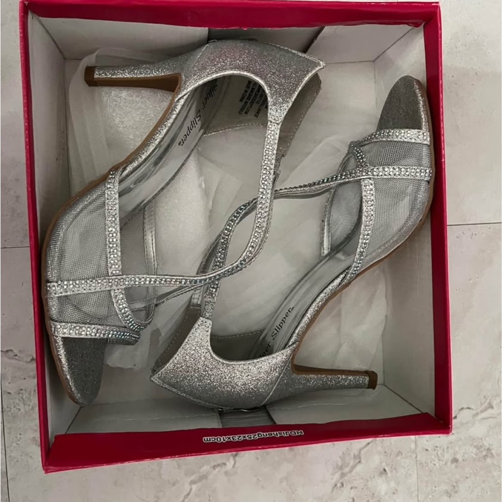 Silver Stiletto Heels with Peep-Toe and Slingback